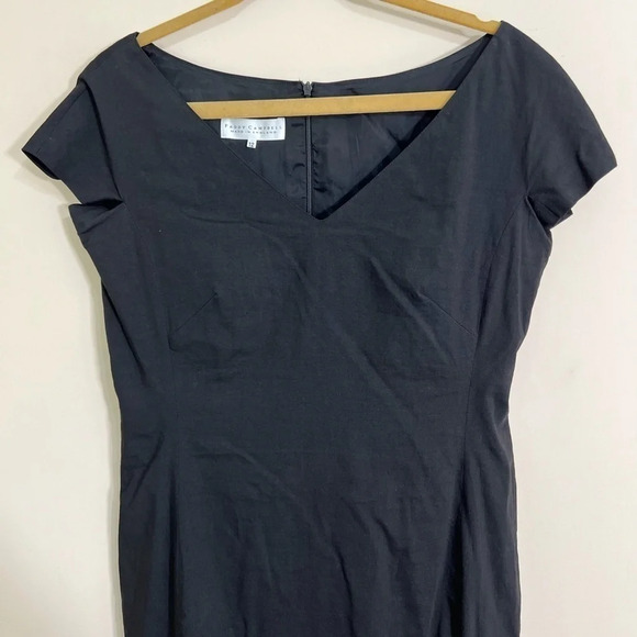 PADDY CAMPBELL Linen Blend Black Vintage V Neck Slit in Back Dress Size 12 - Picture 3 of 11